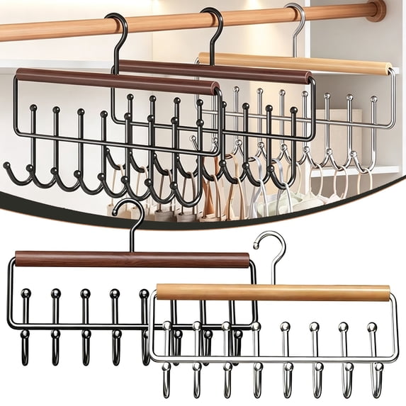 Goodw7 Wooden Belt Hanger for Closet 8 Hooks, Space Saving Tie Rack Organizer with Rotating Hook, Multipurpose Accessory Holder for Scarves Bags in Bedroom Wardrobe Entryway