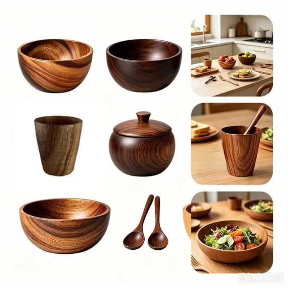 Goodw7 Wooden Salad Bowl, Versatile Handmade Carved Wood Serving Dish, Smooth Natural Finish Mixing Bowl for Kitchen Pasta Soup and Ramen