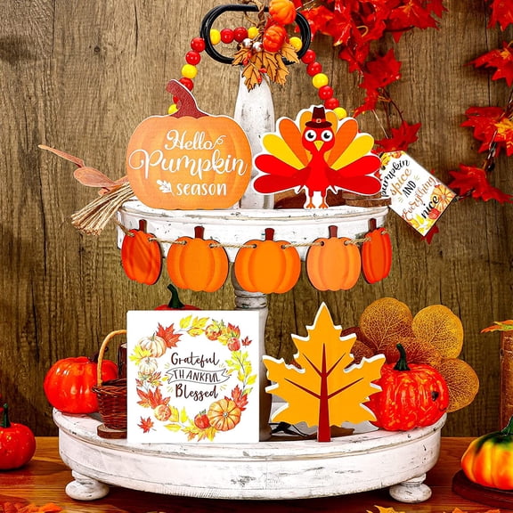 Goodwill 10 Pieces Fall Tiered Tray Decor Rustic Pumpkin Wooden Signs Turkey Table Centerpieces Fall Wood Bead Garland with Tassel Fall Harvest Wood Blocks for Thanksgiving Autumn Home Farmhouse Decor