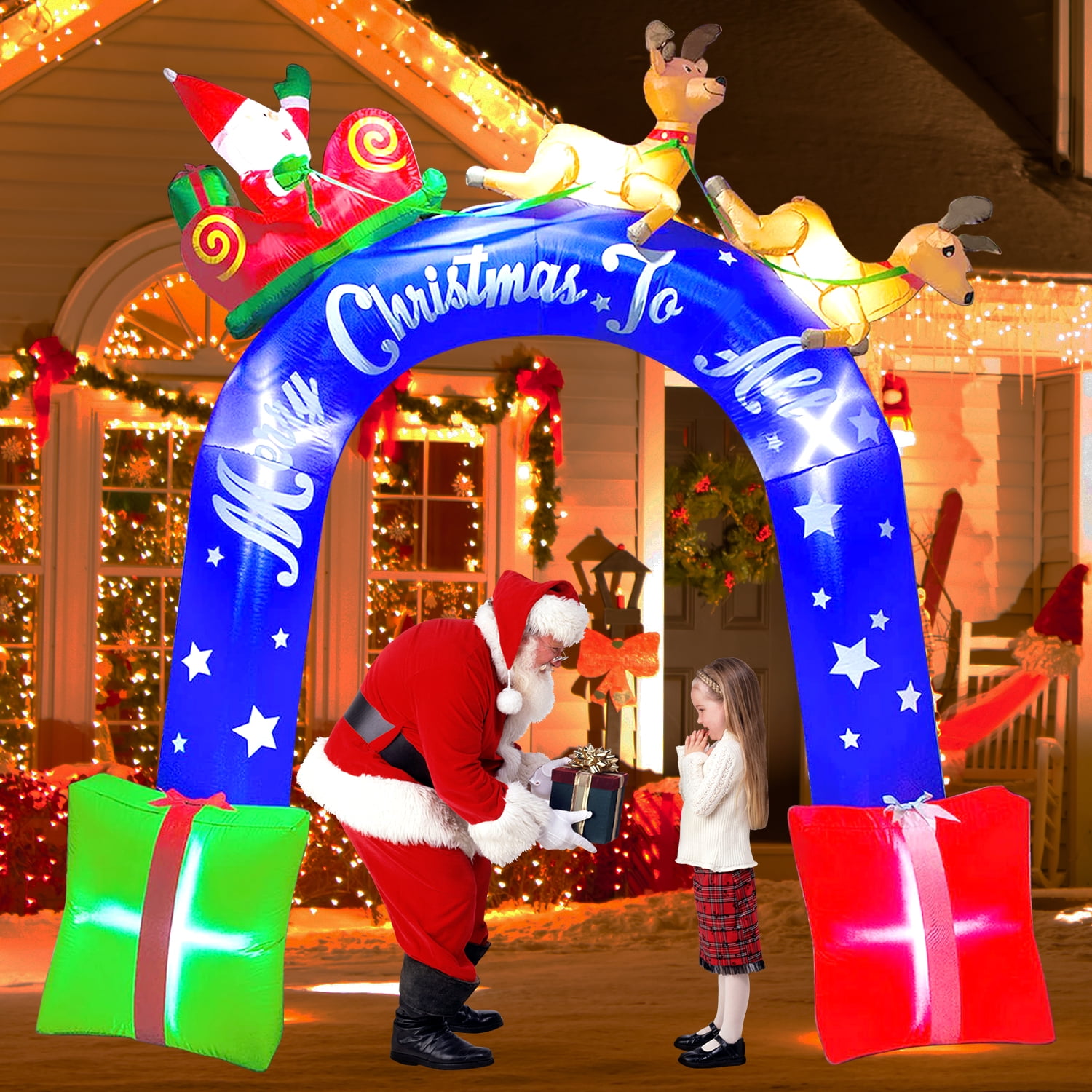 Goodwill 9 FT Christmas Inflatables Archway with Santa Reindeer & Gift Boxes, Blow Up Outdoor Decorations, Holiday Inflatable Arch for Lawn Garden Yard Xmas Holiday Party