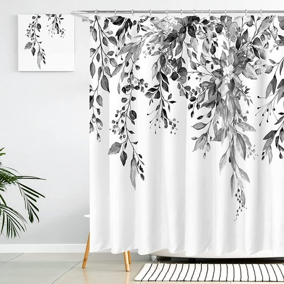 Goodwill Black Eucalyptus Shower Curtain Sets, Watercolor Grey Leaves on The Top Plant with Floral Bathroom Decoration 72x72 Inch with Hooks