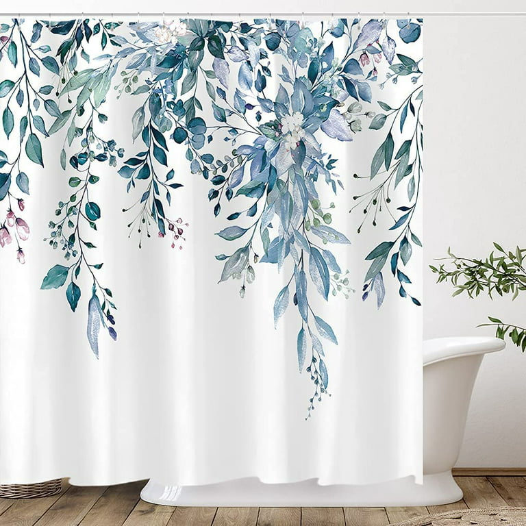 Goodwill Blue Eucalyptus Leaves Shower Curtain Sets, Watercolor Leaves On The Top Plant with Floral Bathroom Decoration 72x72 inch with Hooks, Size