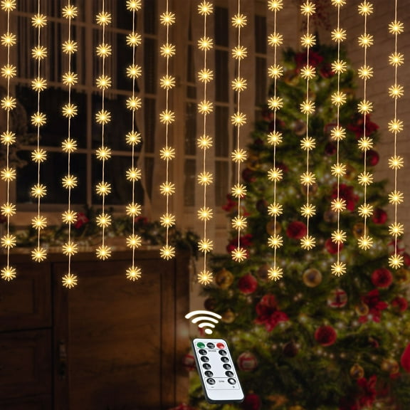 Goodwill Christmas Window Lights, Battery Powered Fairy Curtain String Lights 8 Mode Hanging White Lighted Snowflake LED String Lamp for Xmas Tree Fireplace Window Indoor Outdoor Decor