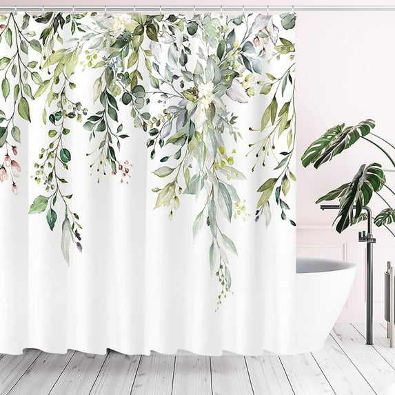 Goodwill Eucalyptus Shower Curtain Sets, Watercolor Leaves on The Top Plant with Floral Bathroom Decoration 72x78 Inch with Hooks