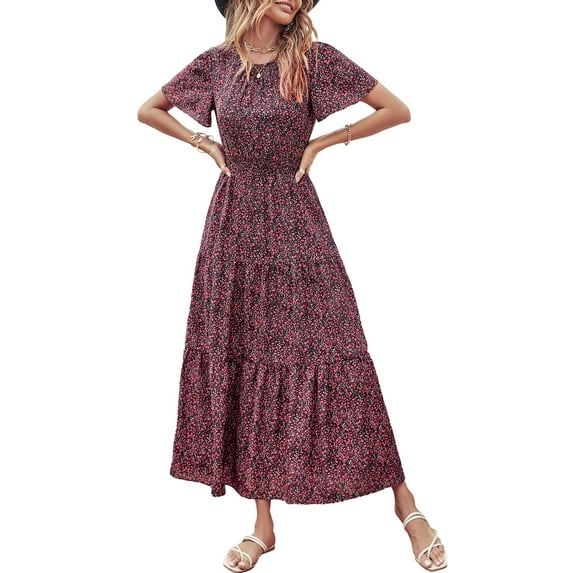Goodwill Women Crew Neck Short Sleeve Smocked Elastic Waist Tiered Maxi Dress Summer Boho Floral Flares Sun Dresses