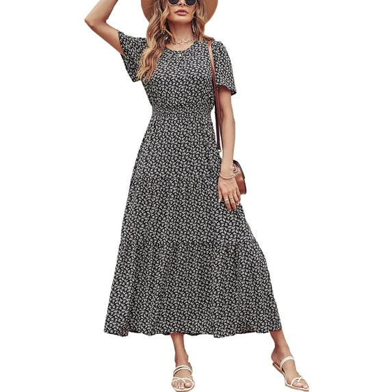 Goodwill Women Crew Neck Short Sleeve Smocked Elastic Waist Tiered Maxi Dress Summer Boho Floral Flares Sun Dresses