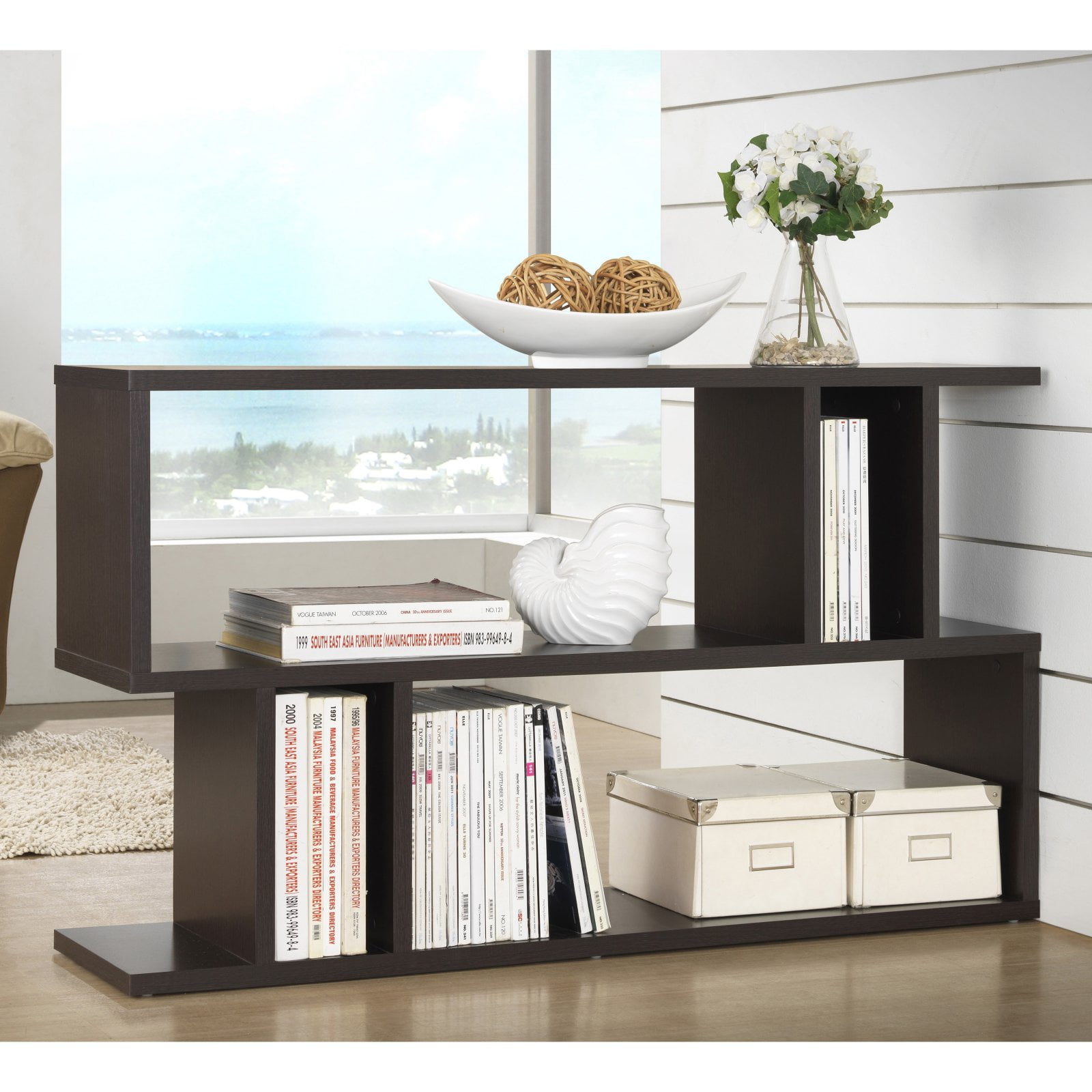 Goodwin 47.5" Dark Brown Wood 2-Level Bookshelf with Cubes
