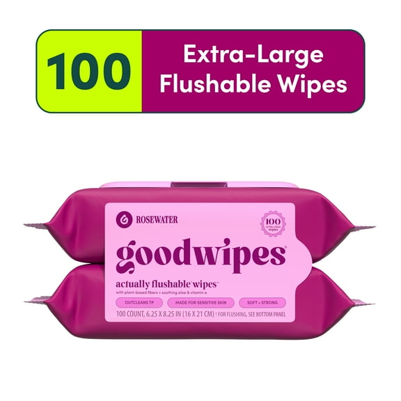goodwipes Flushable Butt Wipes, Rosewater Scented, 2 Pack, 100 Total XL Wipes
