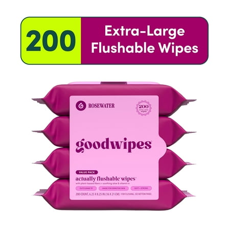 goodwipes Flushable Butt Wipes, Rosewater Scented, 4 Pack, 200 Total XL Wipes