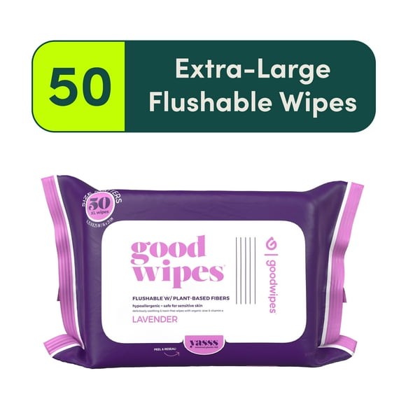 Goodwipes Flushable Butt Wipes Safe for Sensitive Skin, Lavender Scented, 1 Pack, 50 Total Wipes