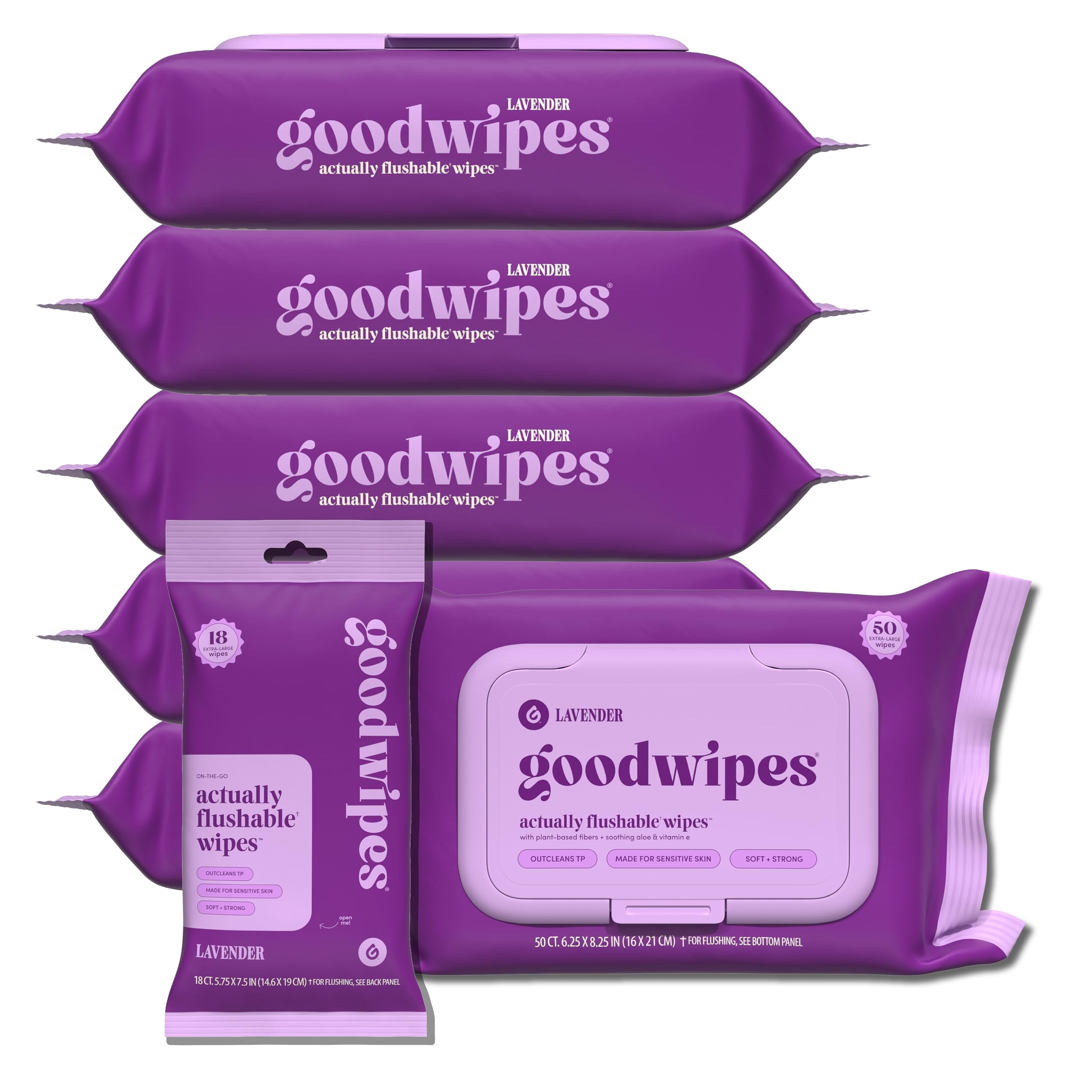Goodwipes Flushable Butt Wipes - Vitamin E & Aloe - Sewer & Septic Safe - Extra Large Adult Wet Wipes For Women & Men - Bathroom Essentials - Lavender, 318 Count (6 Packs + 1 Travel)