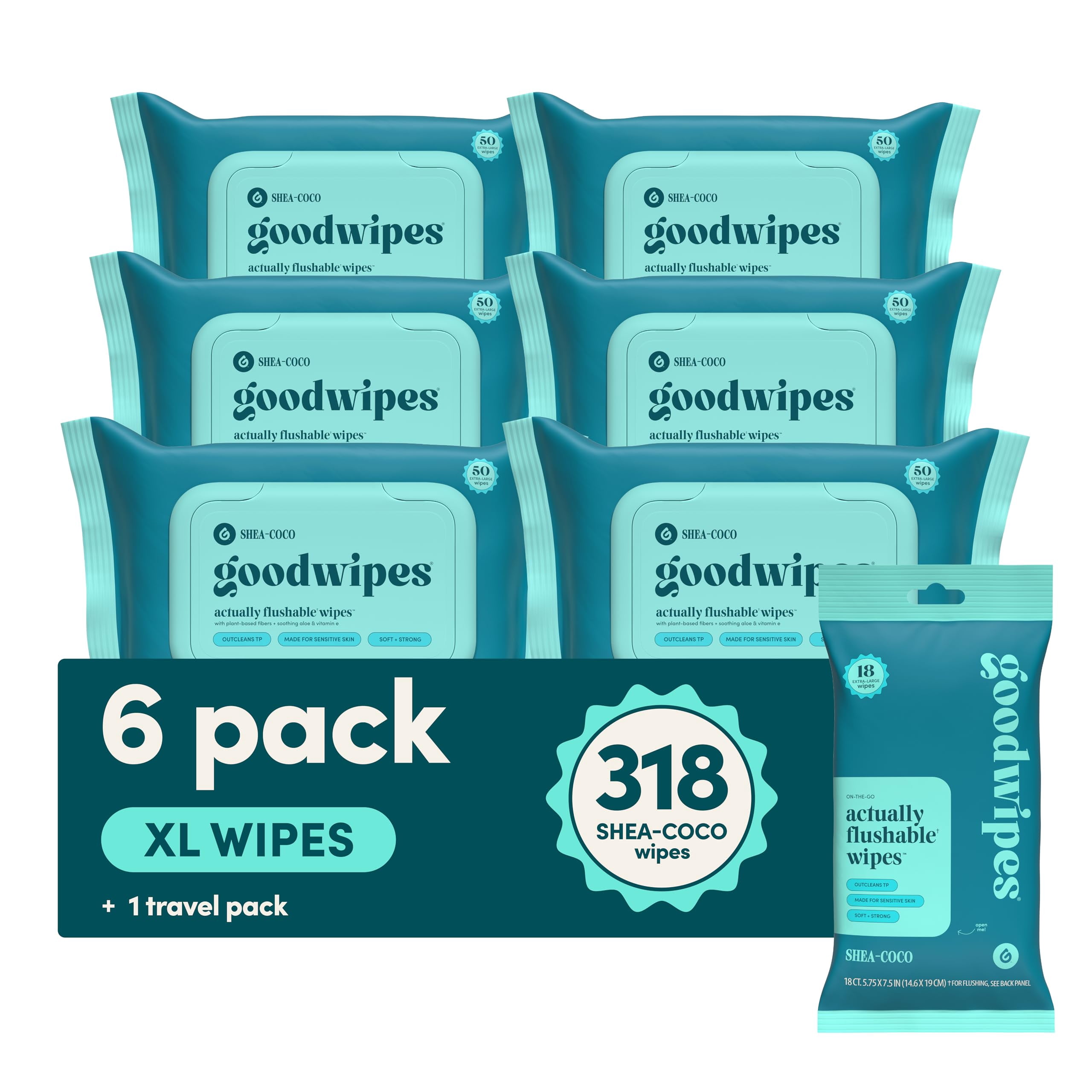 Goodwipes Flushable Butt Wipes - Vitamin E & Aloe - Sewer & Septic Safe - Extra Large Adult Wet Wipes For Women & Men - Bathroom Essentials - Shea-Coco, 318 Count (6 Packs + 1 Travel)