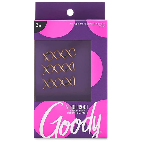 Goody 03482 SlideProof Mini Spin Pins, 3 Count, Assorted Colors, Spiral Hair Pins, Quick & Easy Buns, All-Day Twist Pins, Corkscrew Bobby Pins, Pain-Free Hair Accessories for Women & Men
