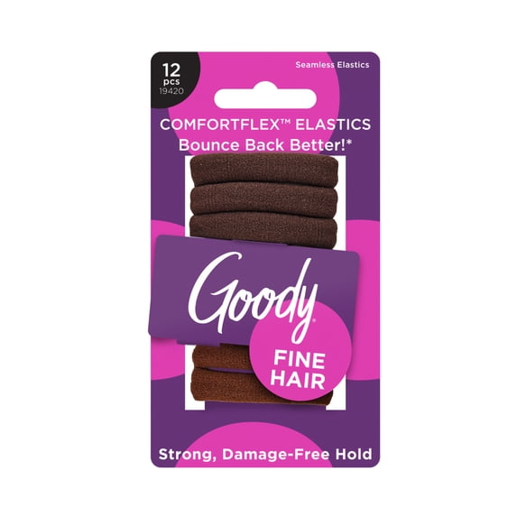 Goody ComfortFlex Ouchless Hold Fine Hair Brown Seamless Hair Elastics, No-Slip Grip, No Snag, 12 Pack