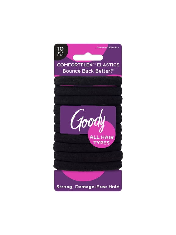 ComfortFlex Black Seamless Hair Elastics, Ouchless Hold, No-Slip Grip, No Snag, For All Hair Types, 10 Count