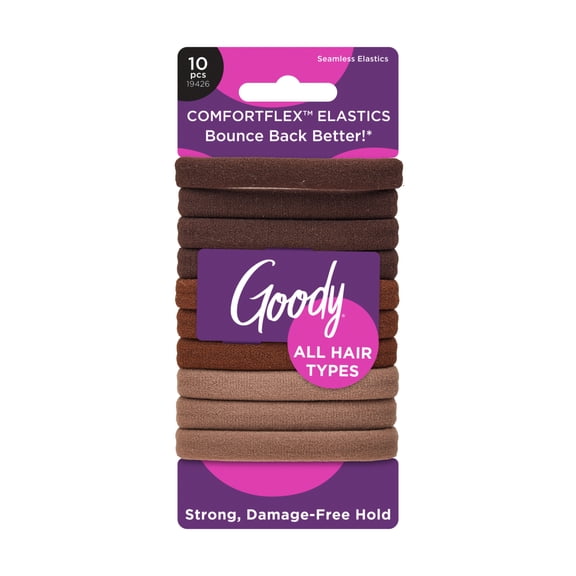 ComfortFlex Brown Seamless Elastics, Ouchless Hold, No-Slip Grip Hair Ties, No Snag, For All Hair Types, 10ct