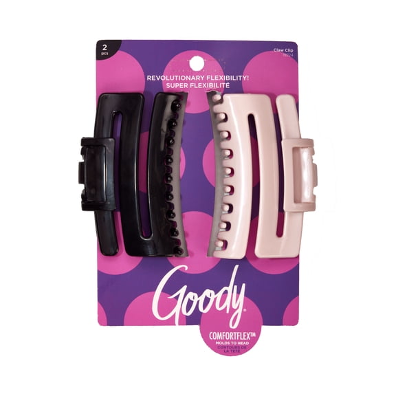 Goody ComfortFlex Flexible Claw Clips, Black & Pink, No-Slip Grip, All Day Comfort, For All Hair Types, 2 Count