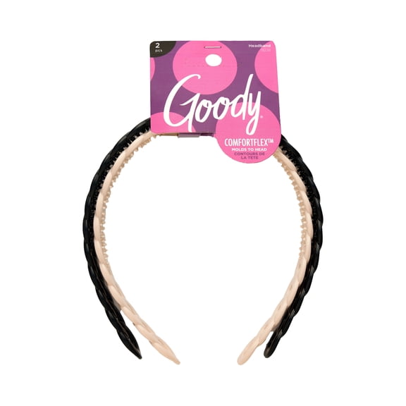 Goody ComfortFlex Flexible Headbands, Black & Beige, All Day Comfort, No-Slip Grip, 2 Pack
