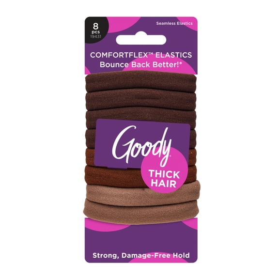 Goody ComfortFlex Brown Ouchless No-Slip Hair Elastics, No Snag, Hold for Thick Hair, 8 Count