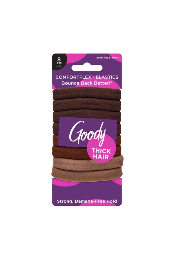 ComfortFlex Brown Ouchless No-Slip Hair Elastics for Thick Hair, 8 Count, Ponytail Holder