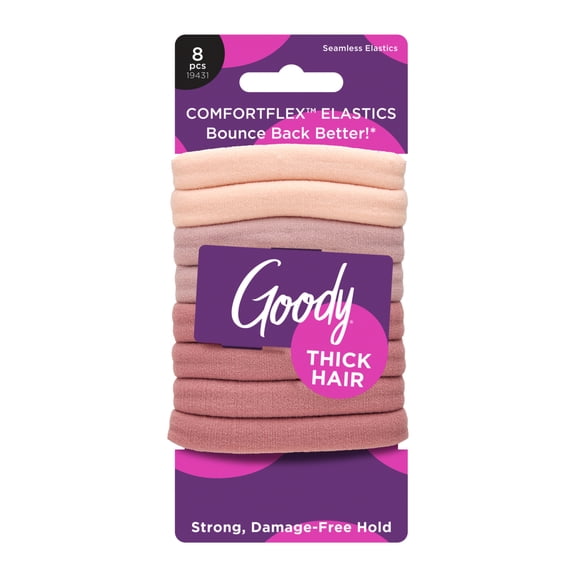Goody ComfortFlex Ouchless Multicolor Pink Seamless Elastics, No-Slip Grip Hair Ties, No Snag, For Thick Hair, 8 Count