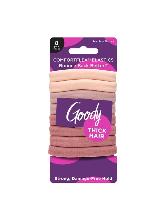 ComfortFlex Ouchless Multicolor Pink Seamless Elastics, No-Slip Grip, No Snag, Thick Hair, 8 Count