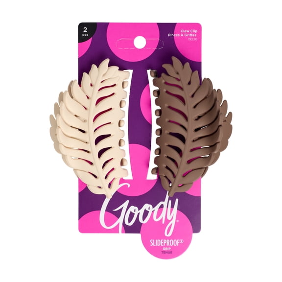Goody Leaf Claw Clips, SlideProof Grip, Comfortable Hold, White & Brown, 2ct, For All Hair Types
