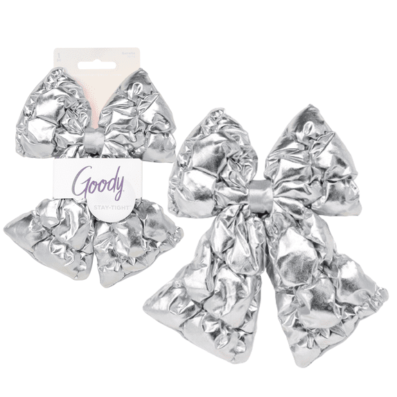 Goody Luxe Puffer Bow Barrette, Shimmery Silver, Stay-Tight Stylish Hair Clip, 1 Count