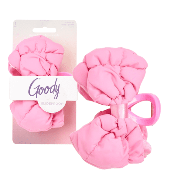 Goody Luxe Puffer Bow, Frosty Ice Pink, Quilted SlideProof Hair Claw Clip