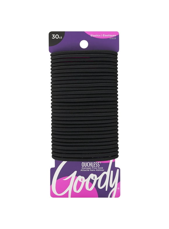 Goody Ouchless Black Ponytail Holder Elastics Hair Tie, No Metal Gentle Hair Ties, 30 Ct