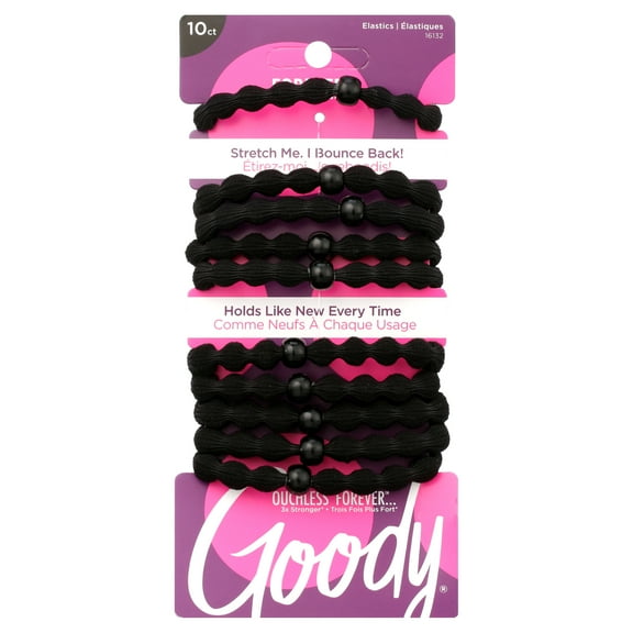 Goody Ouchless Damage-Free Forever Hair Elastics, Ponytail Holder, Black, 10 Ct