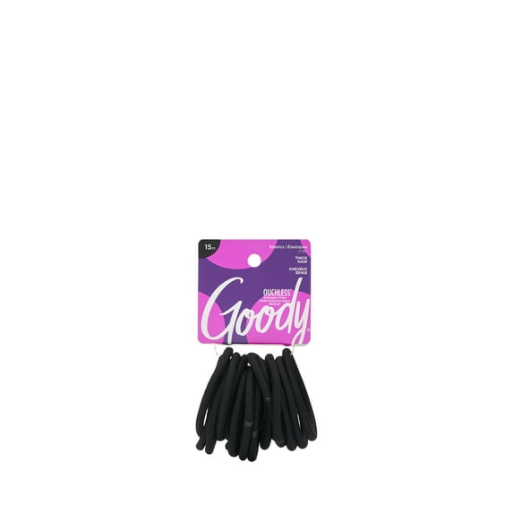 Goody Ouchless Super Stretch Hair Ties, Secure Grip, All-Day Wear, For Thick Hair, Black, 15 Ct
