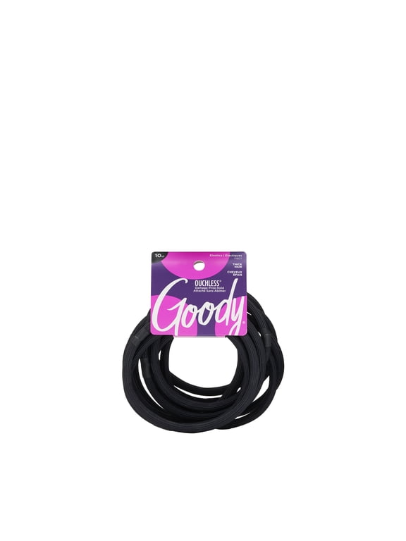 Ouchless Hair Ties, Black, XL Fabric Covered Elastic Band, Thick, Long Hair, 10 Ct