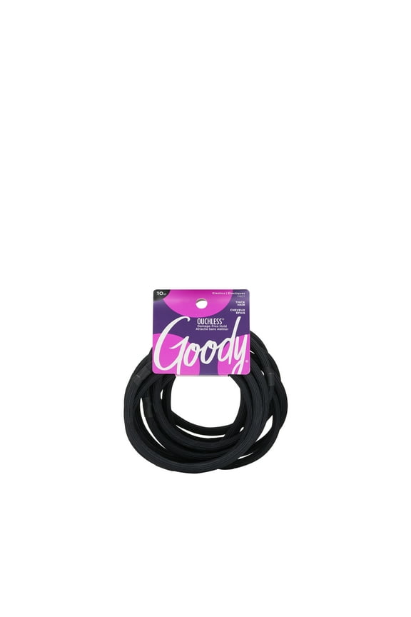 Ouchless Hair Ties, Black, XL Fabric Covered Elastic Band, Thick, Long Hair, 10 Ct
