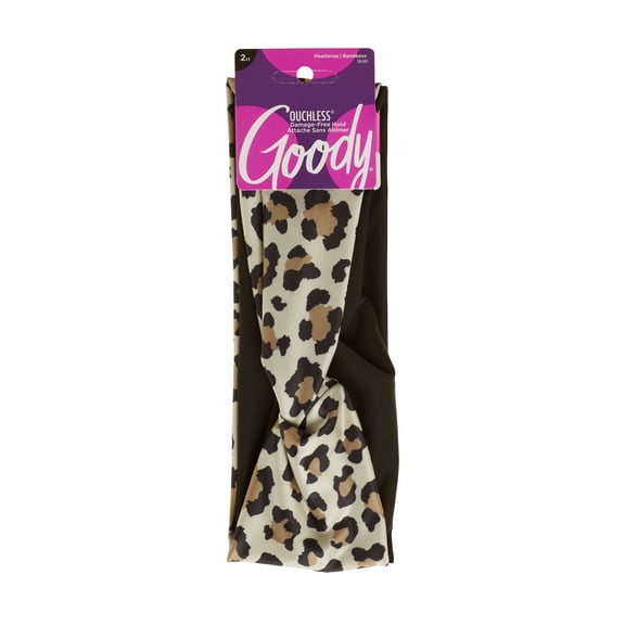 Goody Ouchless Headwraps, Fashion Headbands, Leopard Print and Black, 2 Ct