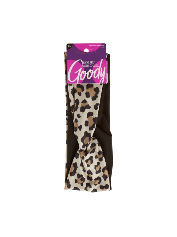Ouchless Headwraps, Fashion Headbands, Leopard Print and Black, 2 Ct
