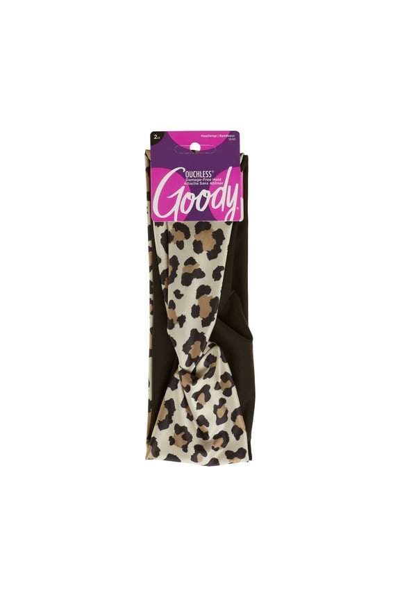 Ouchless Headwraps, Fashion Headbands, Leopard Print and Black, 2 Ct