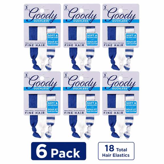Goody Ouchless Ribbon Hair Elastics for Fine Hair, Nautical, 6 Pack, 18 Ct