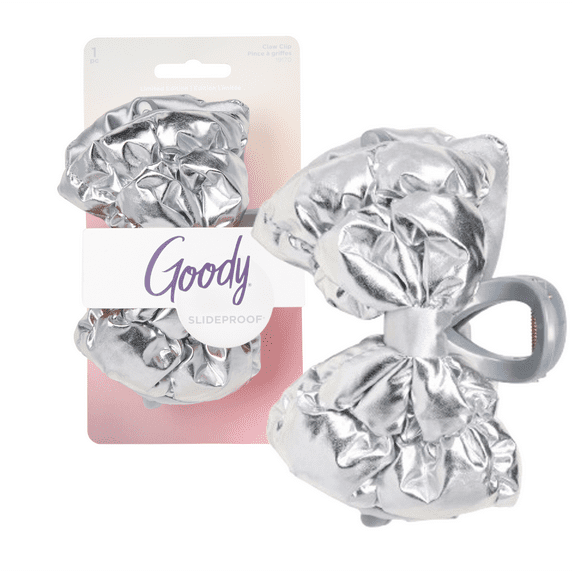 Goody Luxe Puffer Bow, Shimmery Silver, Quilted SlideProof Hair Claw Clip