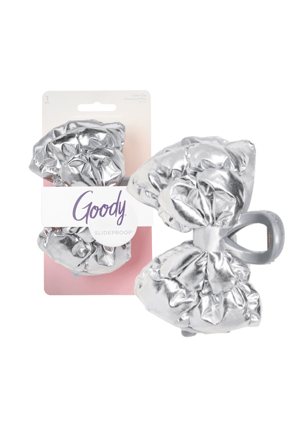 Luxe Puffer Bow, Shimmery Silver, Quilted SlideProof Hair Claw Clip