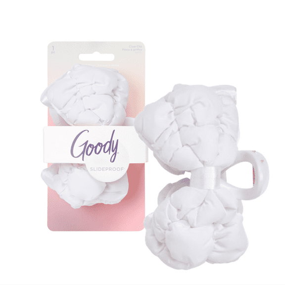 Goody Luxe Puffer Bow Claw Clip Winter White Quilted SlideProof 1 Count