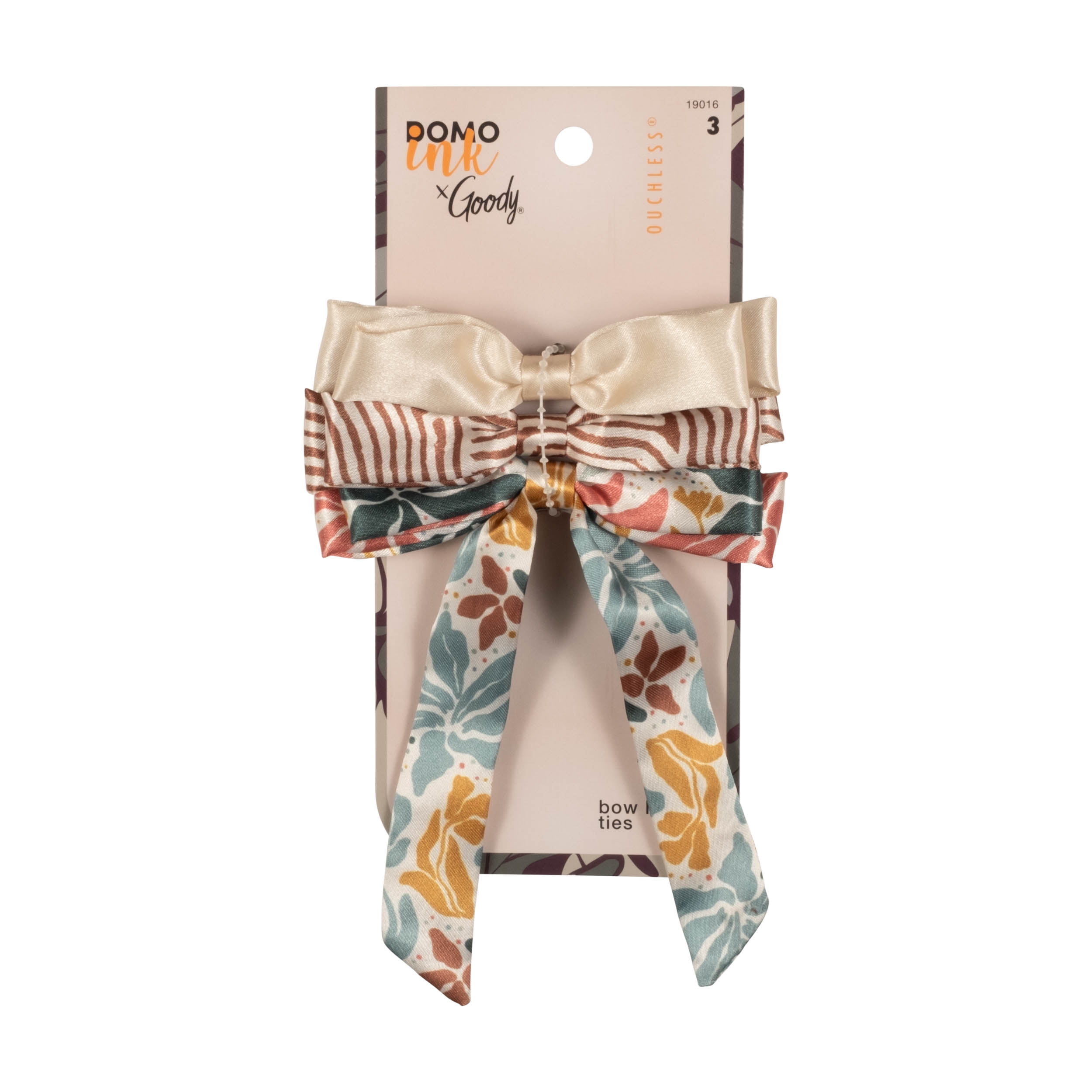 Goody Tru x DomoINK Bow Hair Ties, No-Damage Stretch Bands, All Hair Types, Multicolor, 3 Ct