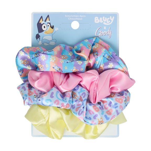Goody x Bluey Satin Scrunchies, Multicolor, 4 Count, Ouchless Hold, All Hair Types