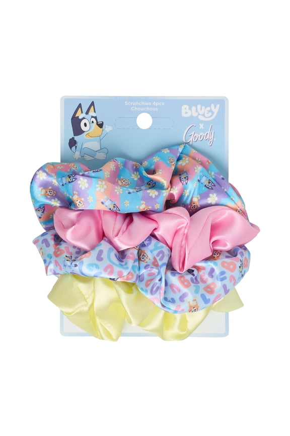 x Bluey Satin Scrunchies, Multicolor, 4 Count, Ouchless Hold, All Hair Types