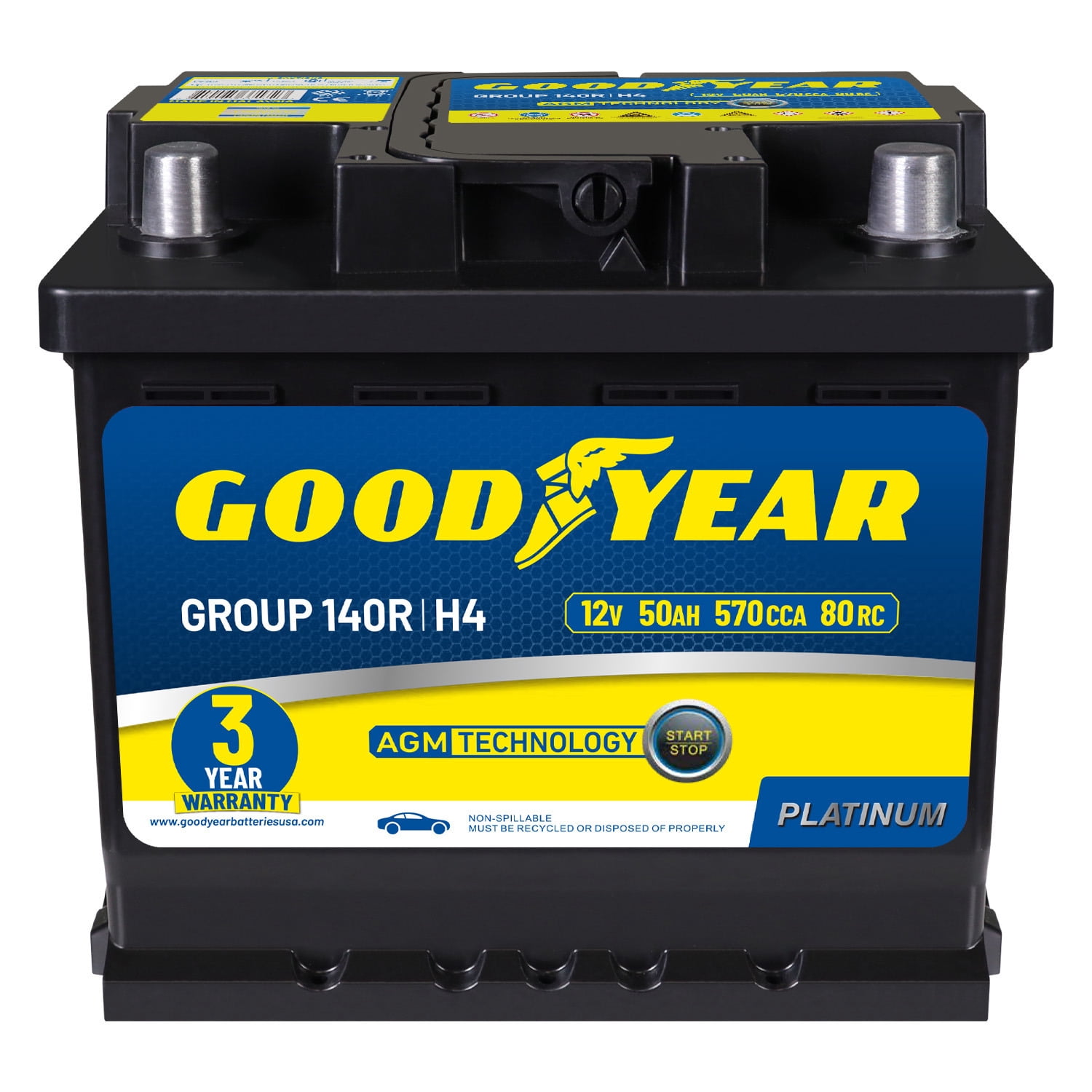 Goodyear 140R-H4-AGM BCI Group Size 140R 12V 50 AH, 80RC, 570 CCA Platinum series Rechargeable AGM Maintenance Free Automotive Battery