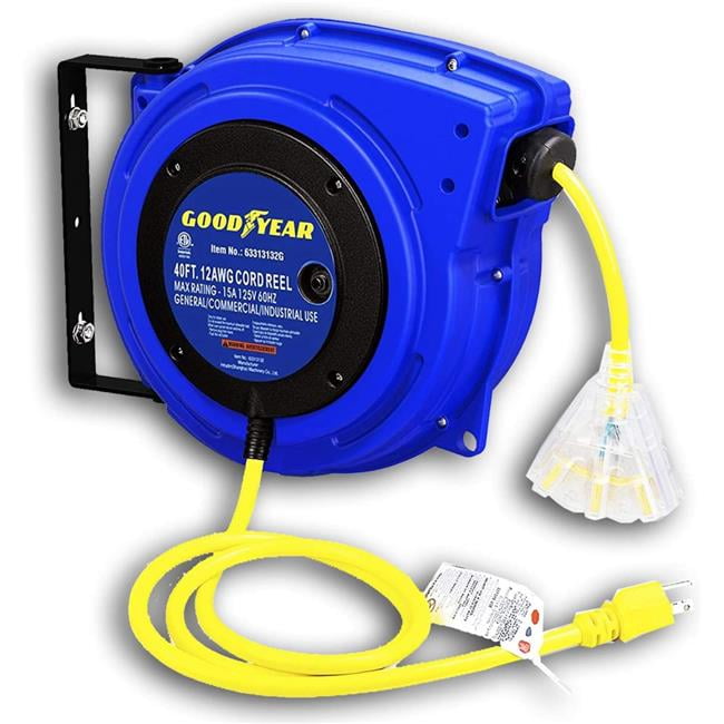 Goodyear 40' Blue Retractable Extension Cord Reel with LED Triple Tap