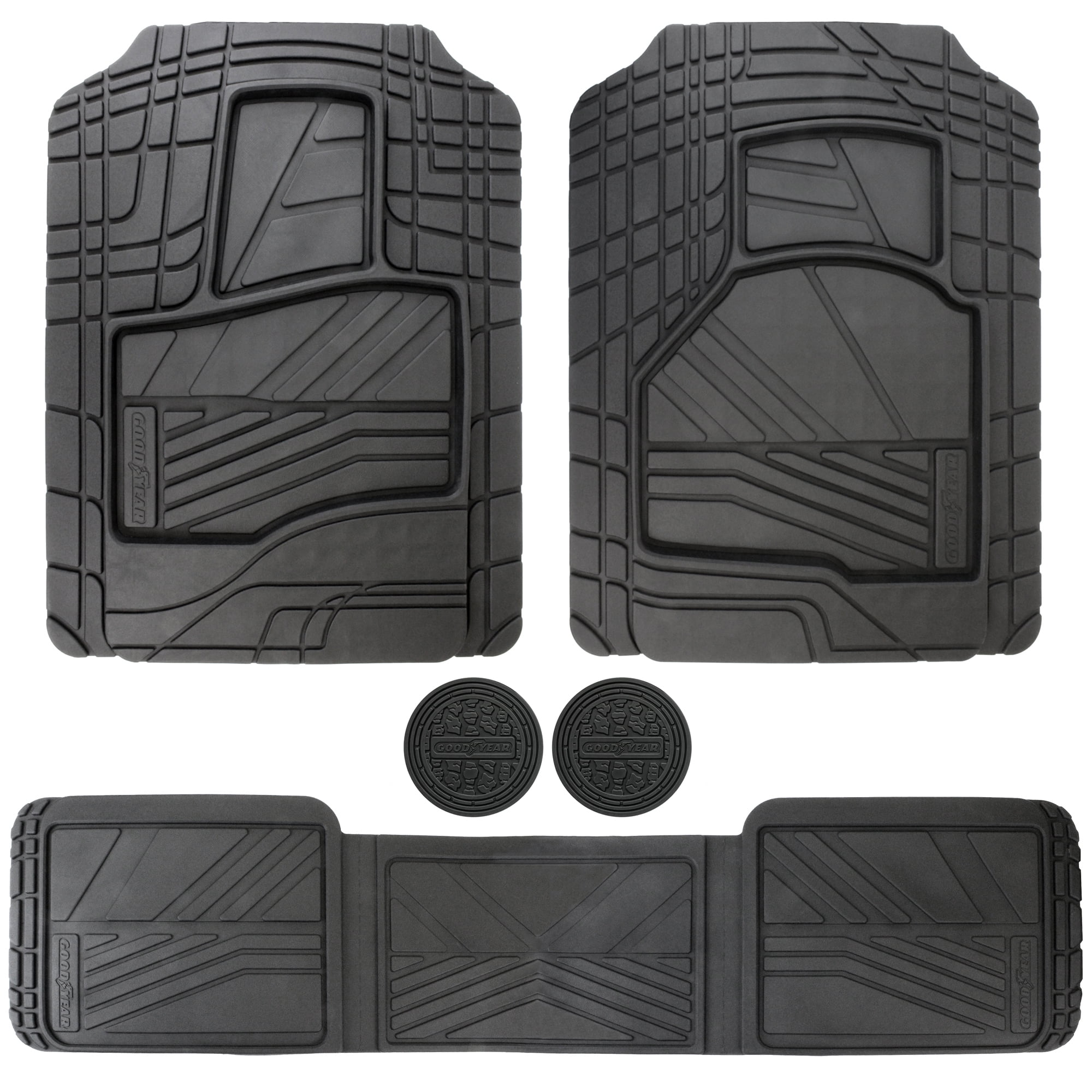 Goodyear 5-Piece Deep Dish All-Weather Rubber Floor Mats – Heavy Duty Waterproof Universal Trim-to-Fit Car, SUV & Truck Floor Liners – Black