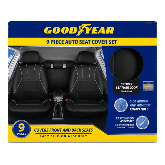 Goodyear 9-Piece Auto Seat Cover Set, Black Sporty Leather Look, Universal Fit, Airbag Compatible
