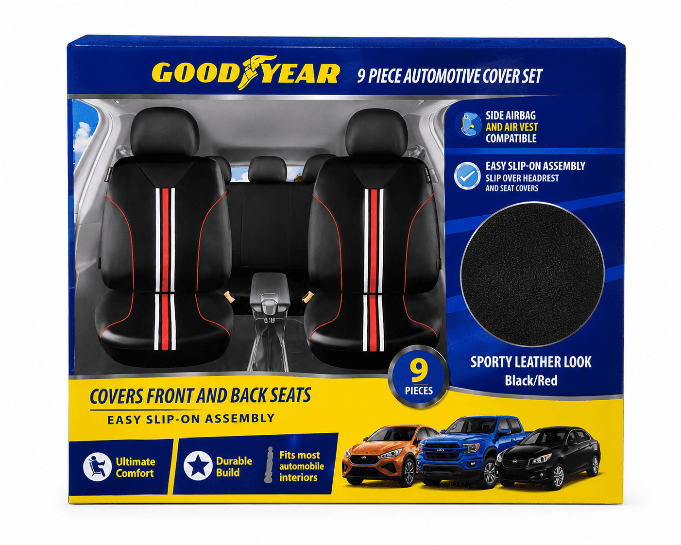 Goodyear 9-Piece Automotive Seat Cover Set, Black/Red, Universal Fit, Airbag Compatible Car Seat Covers