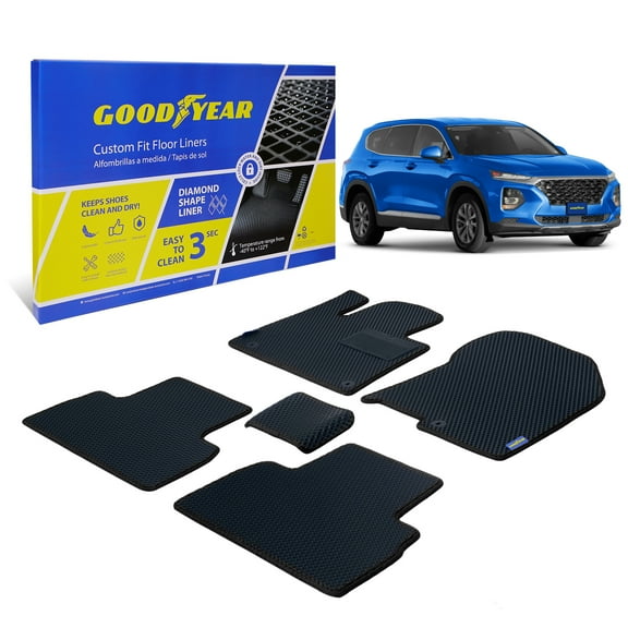 Goodyear Custom Fit Car Floor Liners for Hyundai Santa Fe 2019-2021 Black/Black 5 Pc. Set All-Weather Diamond Shape Liner Traps Dirt Liquid Rain and Dust Precision Interior Coverage - GY004099